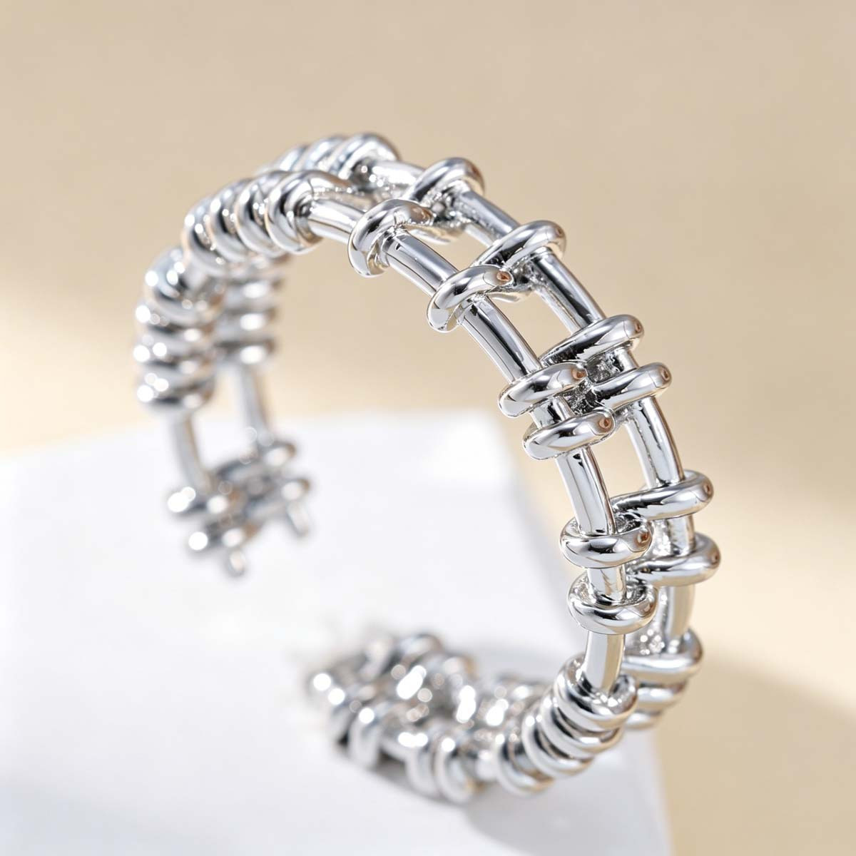 Women's Plated Chain-Link Interlinked Open Ring, Elegant Gift